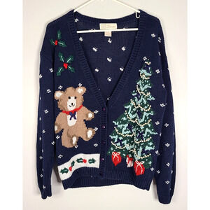 Vintage Ugly Christmas Sweater Cardigan 8 Large Teddy Bear Tree Holly Presents